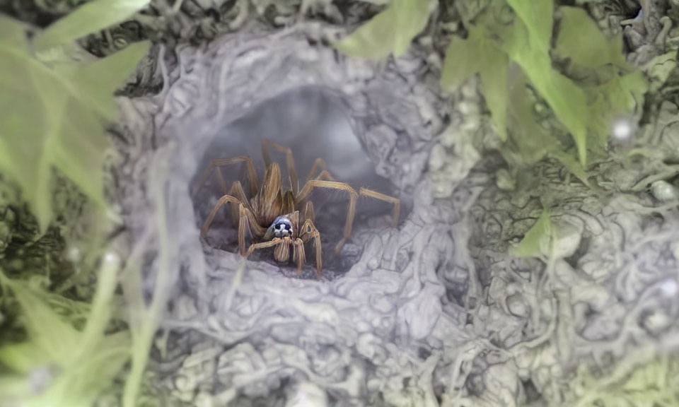 Brown-legged spider emerges from silk-lined burrow in green foliage