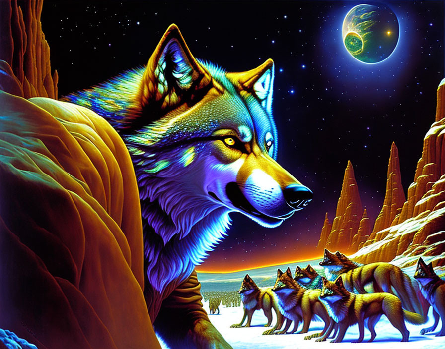 Detailed depiction of a wolf pack under a starlit sky