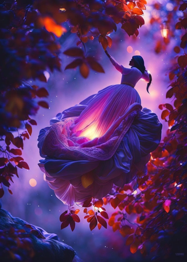 Woman in flowing dress reaching for branch in mystical twilight setting