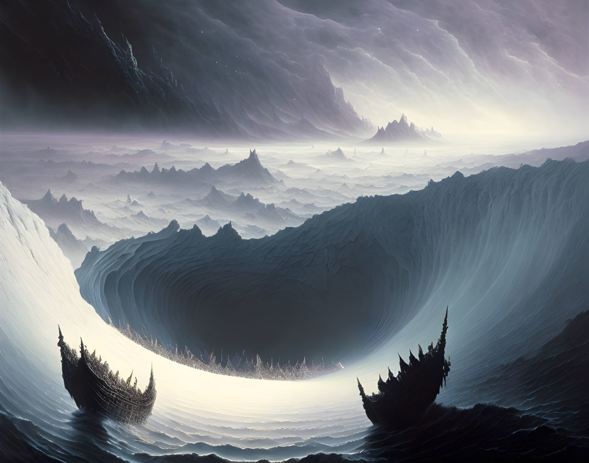 Surreal landscape with towering waves and ancient ships in stormy sky