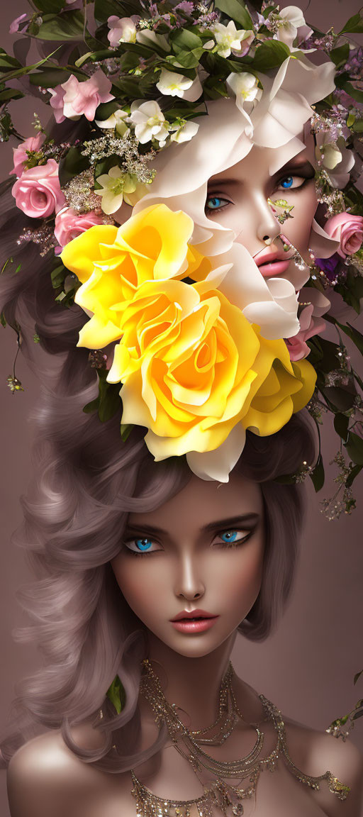Digital artwork of woman with yellow rose floral headpiece and blue eyes