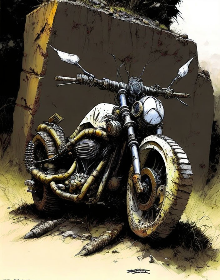 Abandoned Motorcycle with Skull Design in Rusty State