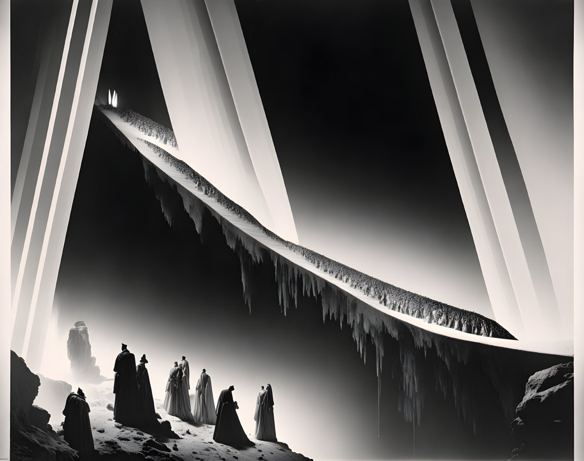 Fantastical monochrome landscape with cliffs, icicles, draped figures, and surreal ribbon-like structures