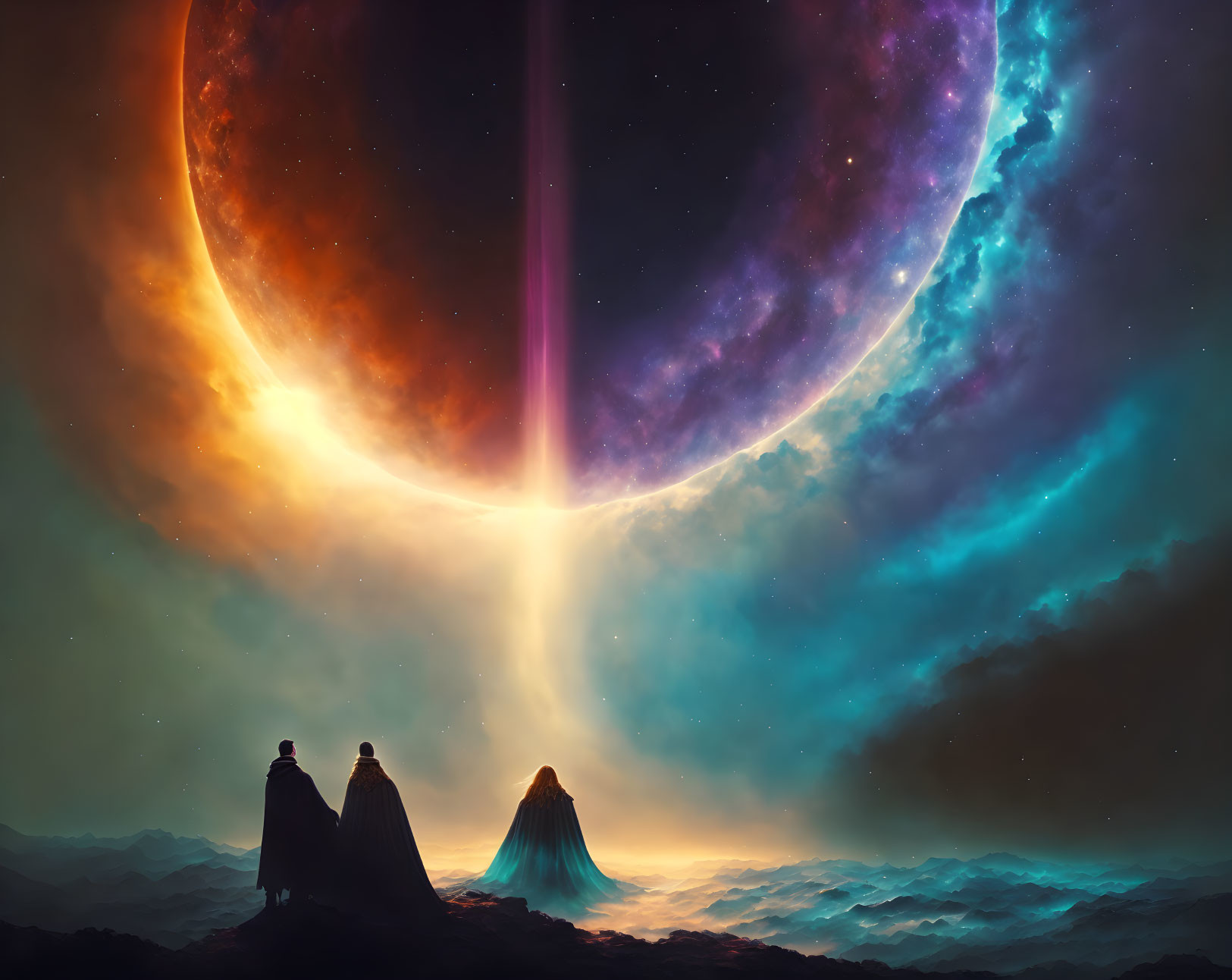 Three figures in cosmic scene with planet, nebulae, and light beam