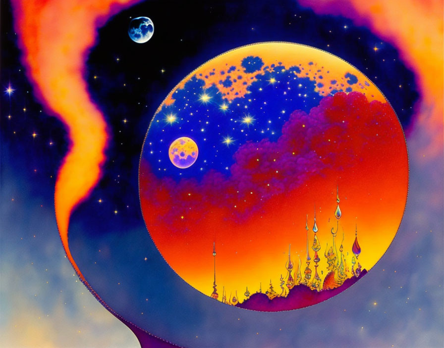 Colorful surreal illustration: Large orange planet with spired structures amidst stars and nebulae