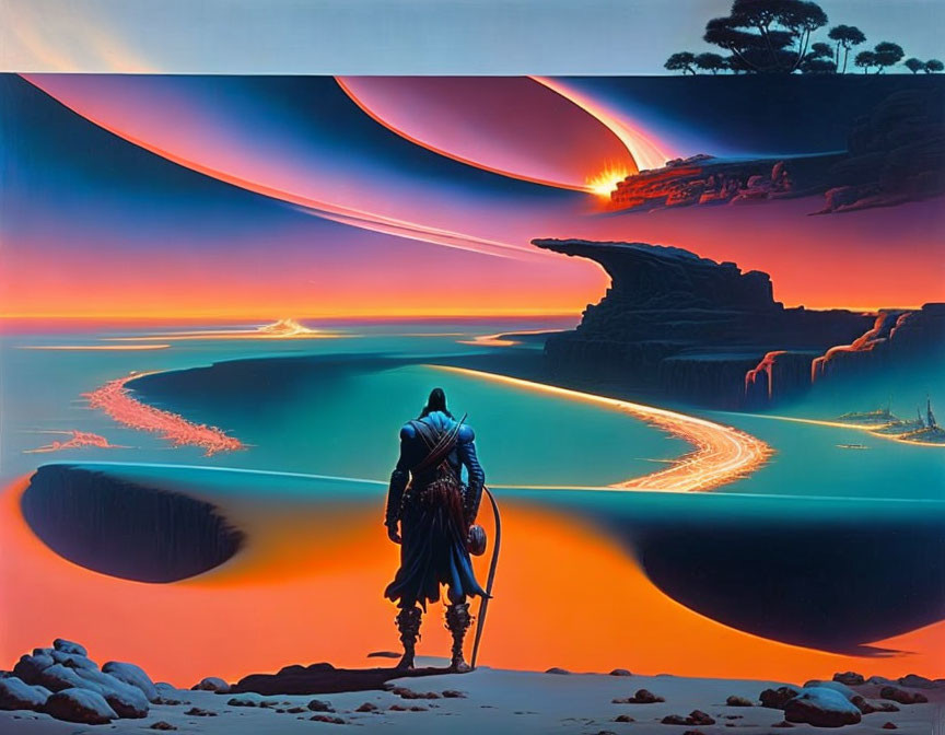 Warrior in surreal landscape with rivers and cliffs