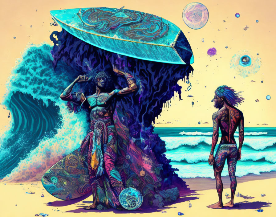 Colorful Artwork Featuring Two Stylized Characters with Shield in Surreal Setting