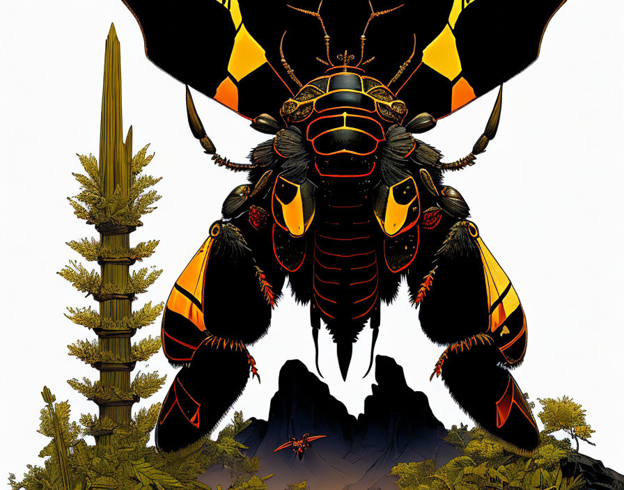 Vivid giant wasp illustration in rocky landscape