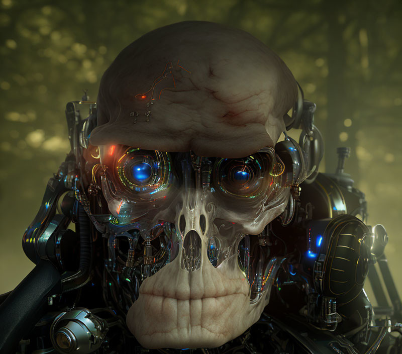 Detailed Cyborg Head with Human-Like Skull Features and Glowing Blue Eyes