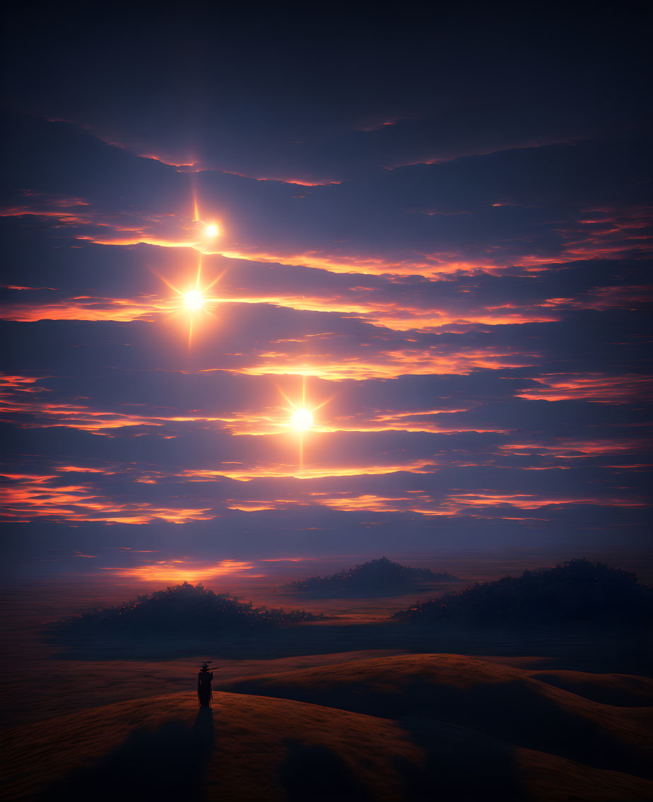 Person standing on sand dune under twilight sky with three bright stars aligned vertically