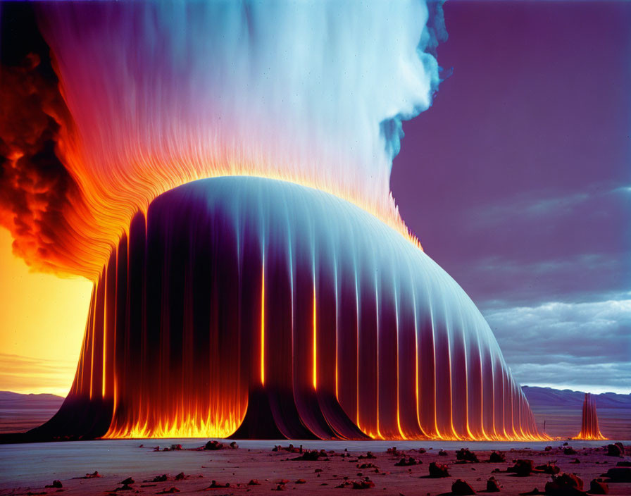 Dome-shaped lava flow in bright orange and red against blue sky