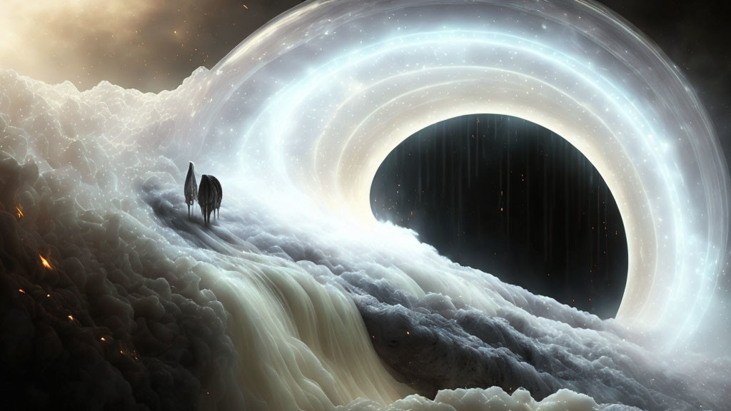 Equestrian figure gazes at swirling vortex in celestial landscape