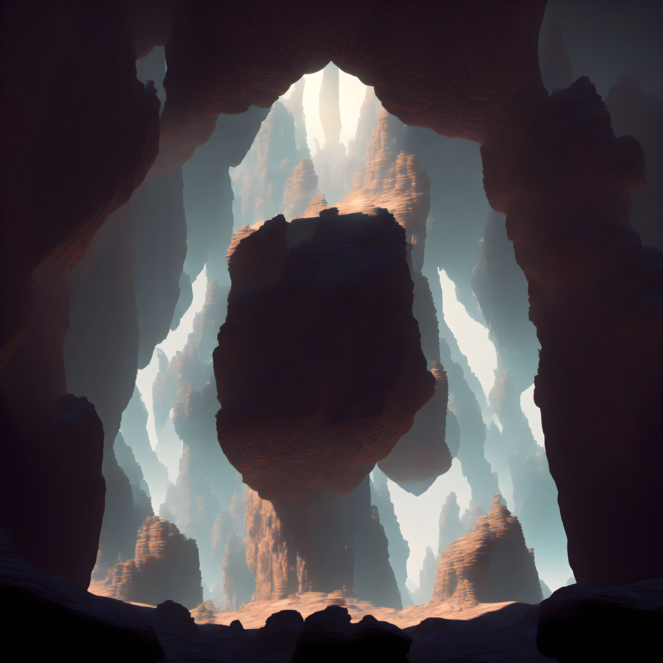 Majestic cavern with towering rocky pillars and dramatic lighting