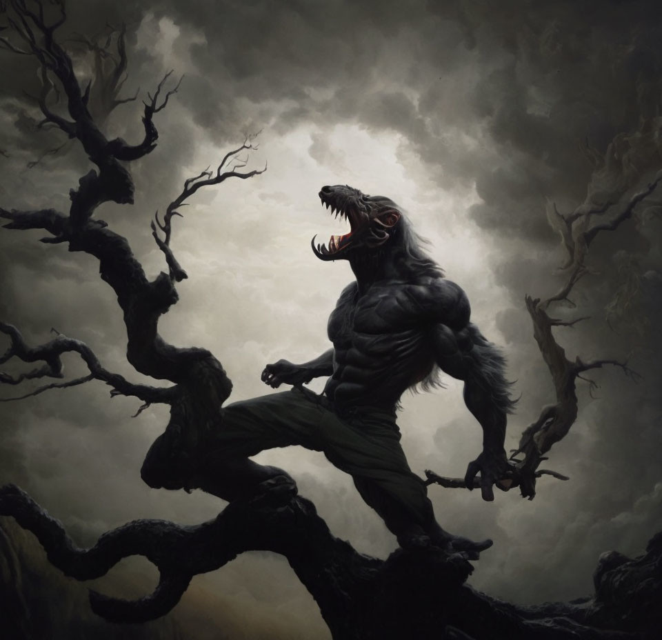 Muscular werewolf on twisted tree roots under ominous sky