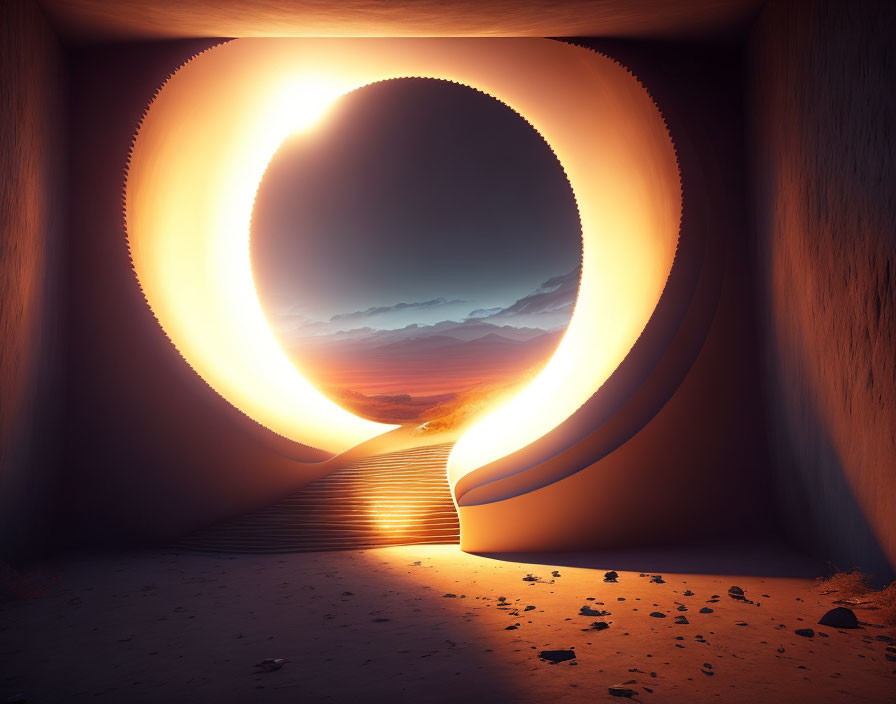 Circular glowing portal reveals serene landscape with mountains and sunset