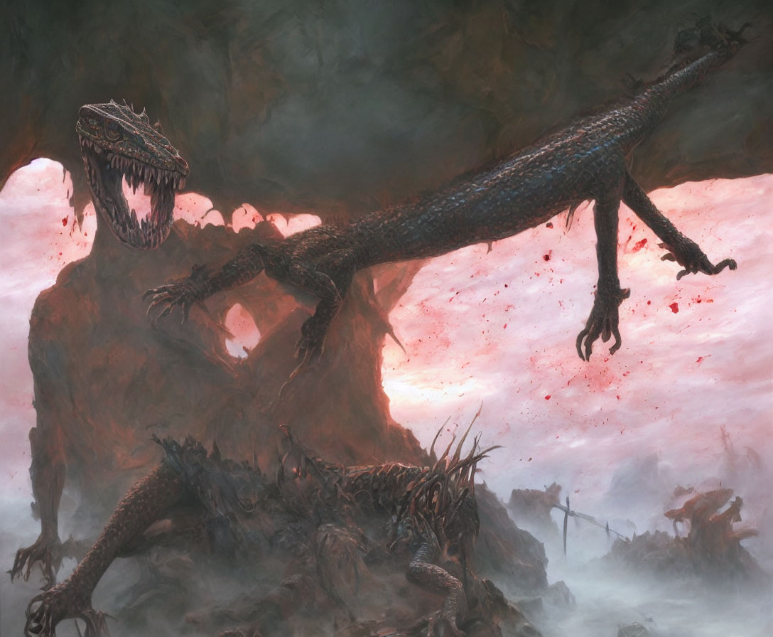 Majestic dragon on debris mound in misty red ambiance