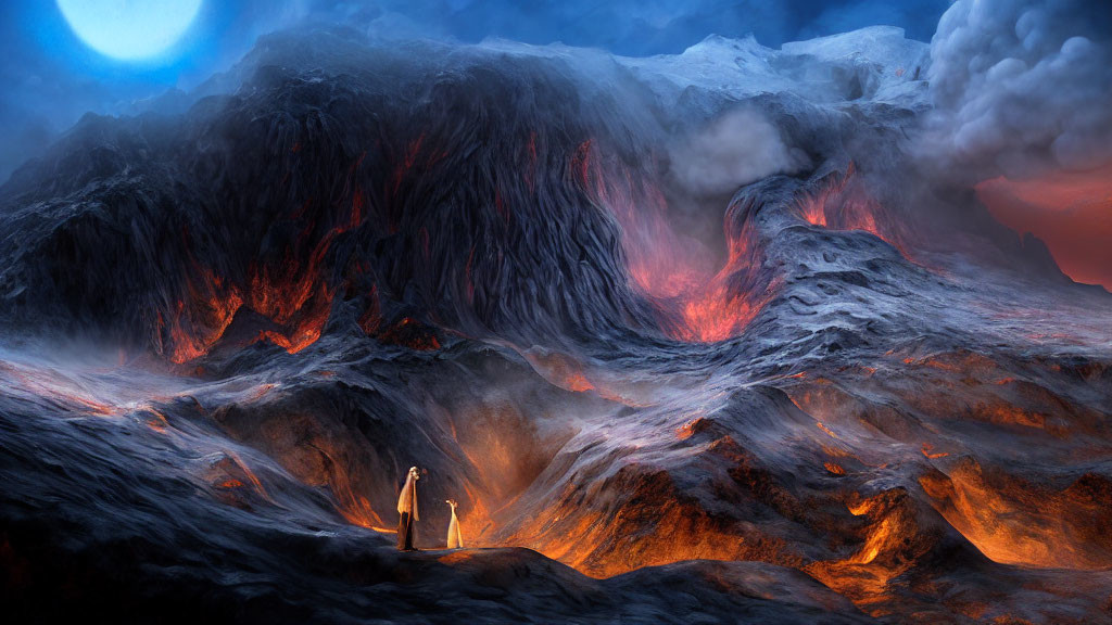 Dramatic volcanic landscape with two figures under bright celestial body