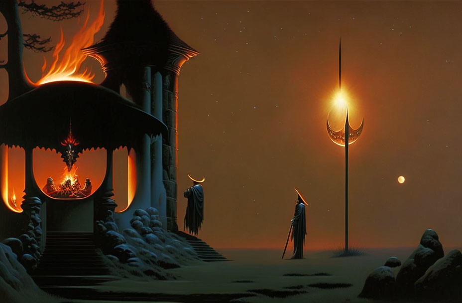 Surreal painting of burning structure, cloaked figures, glowing spear