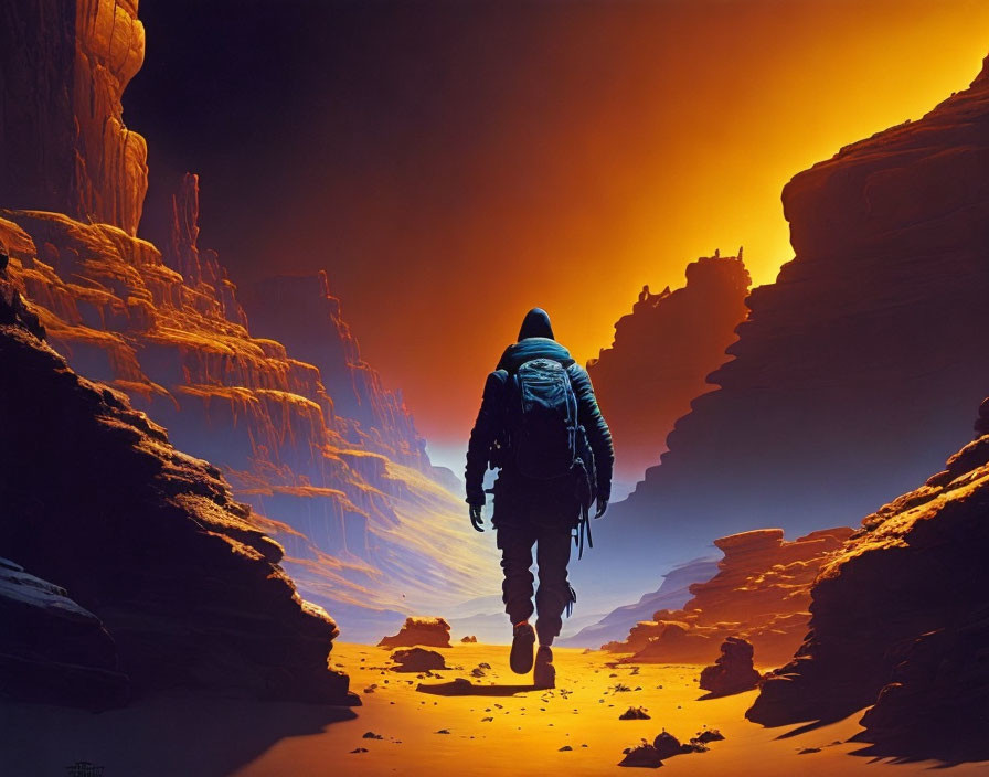 Solitary figure in spacesuit explores alien desert canyon at sunset