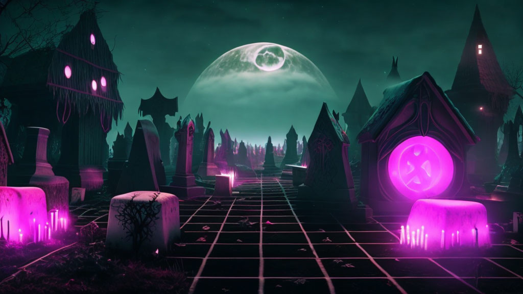 Mystical graveyard with neon purple accents and luminous tombstones