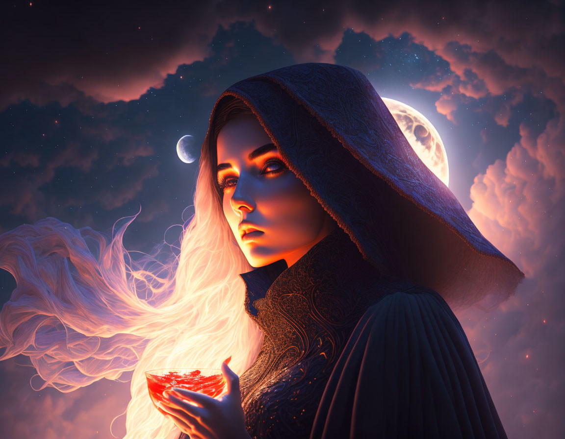 Hooded female figure with red orb in mystical night scene