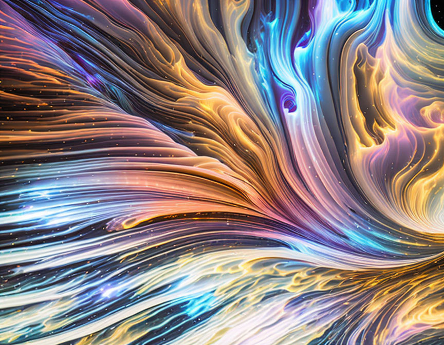 Colorful digital art: Swirling patterns in blue, gold, and purple