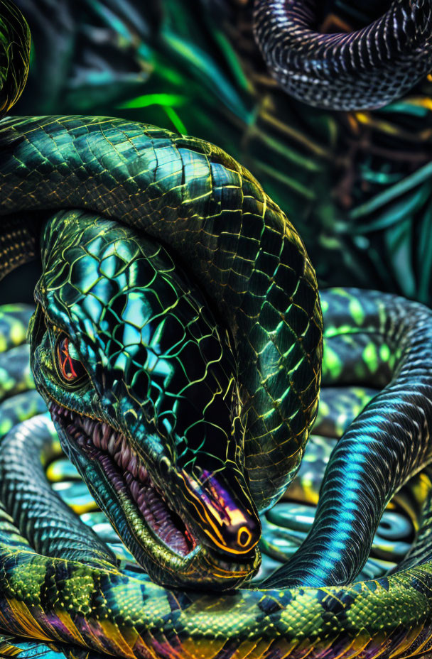 Detailed close-up of coiled snake with iridescent scales in lush foliage