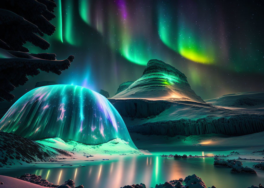 Colorful aurora borealis over snowy landscape with glowing igloo