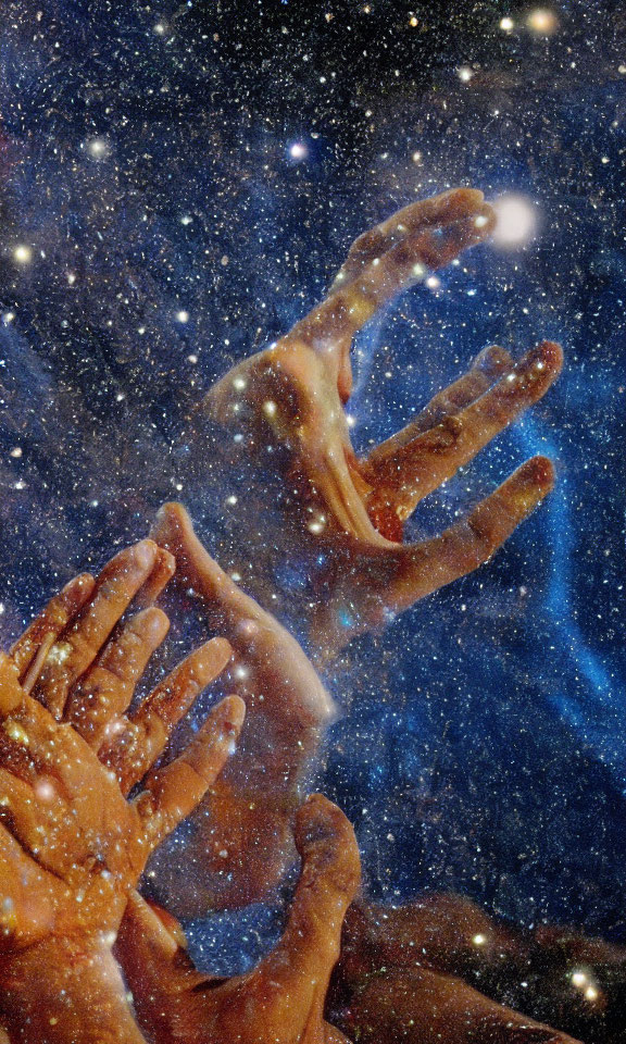 Transparent Hands Reaching in Cosmic Starry Scene