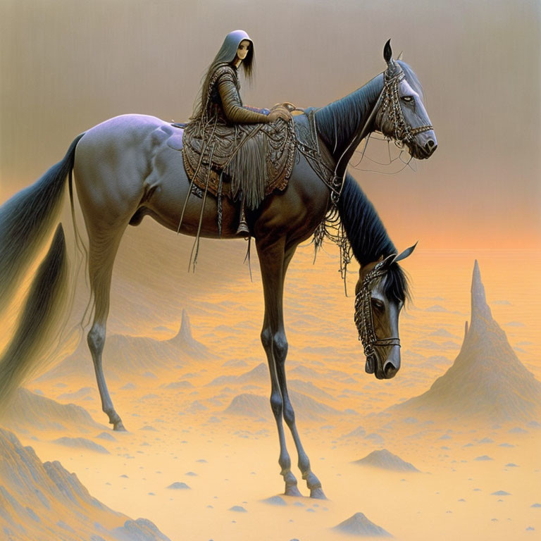 Horse rider in hooded cloak in surreal desert landscape