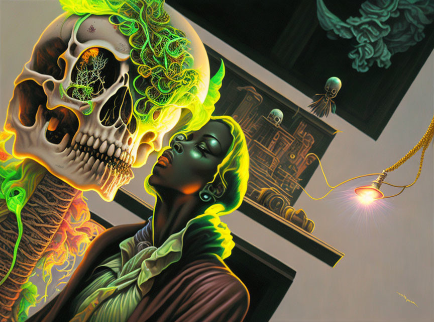 Surreal artwork featuring woman's profile, skull with green flames, skeleton, and floating building