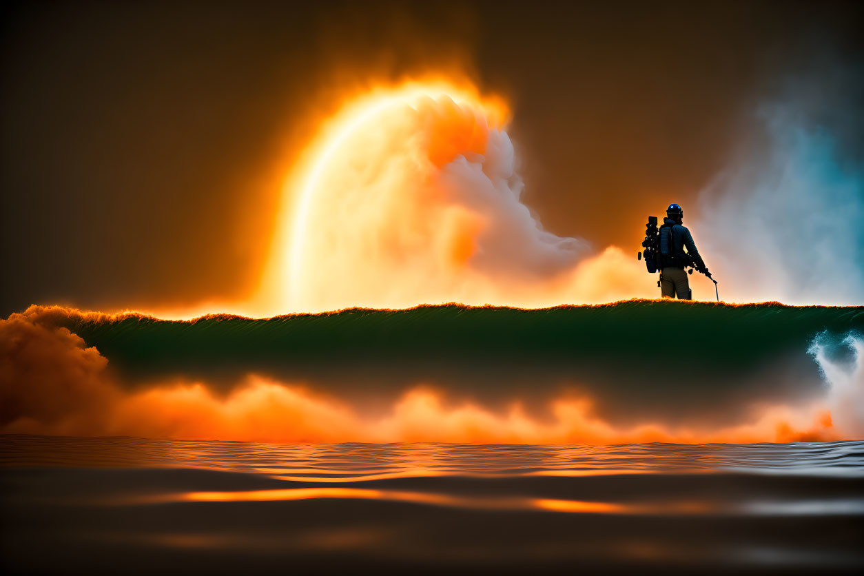 Firefighter silhouetted by massive fire and smoke