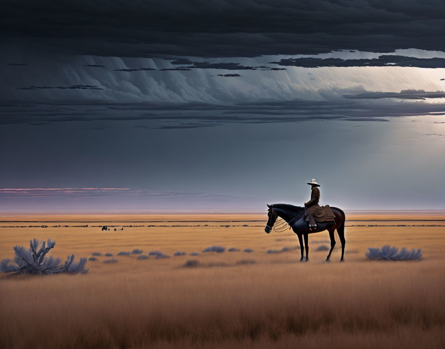 Lone rider on horseback in vast plain at dusk