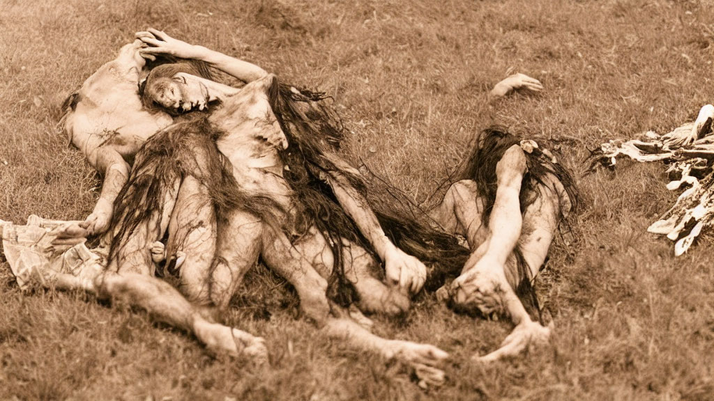 Sepia-Toned Photograph: Two Individuals with Long Flowing Hair in Dramatic Pose