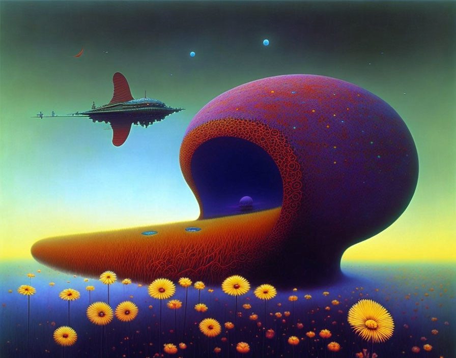 Surreal painting: Giant hollow orange creature in flower field with spaceships