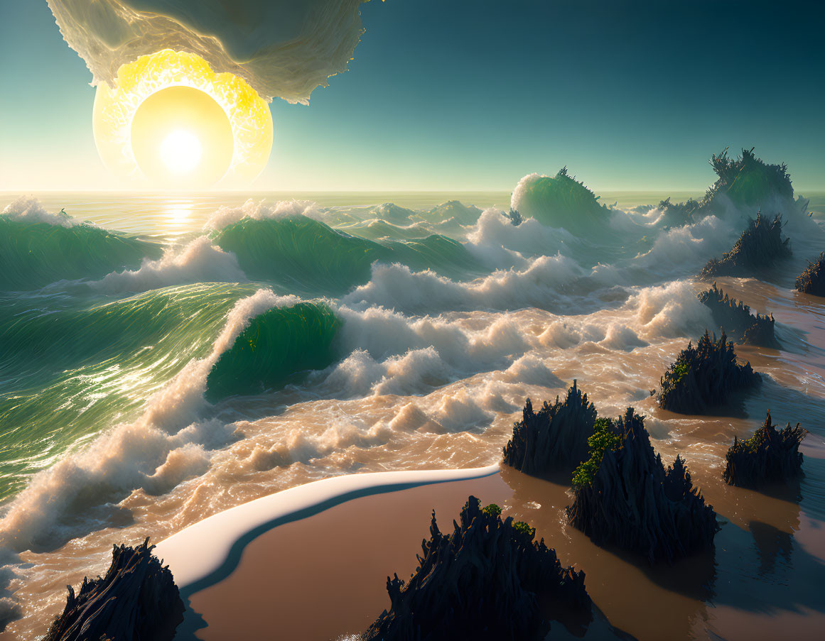 Fantastical seascape with crashing waves, rocky outcrops, and oversized sun