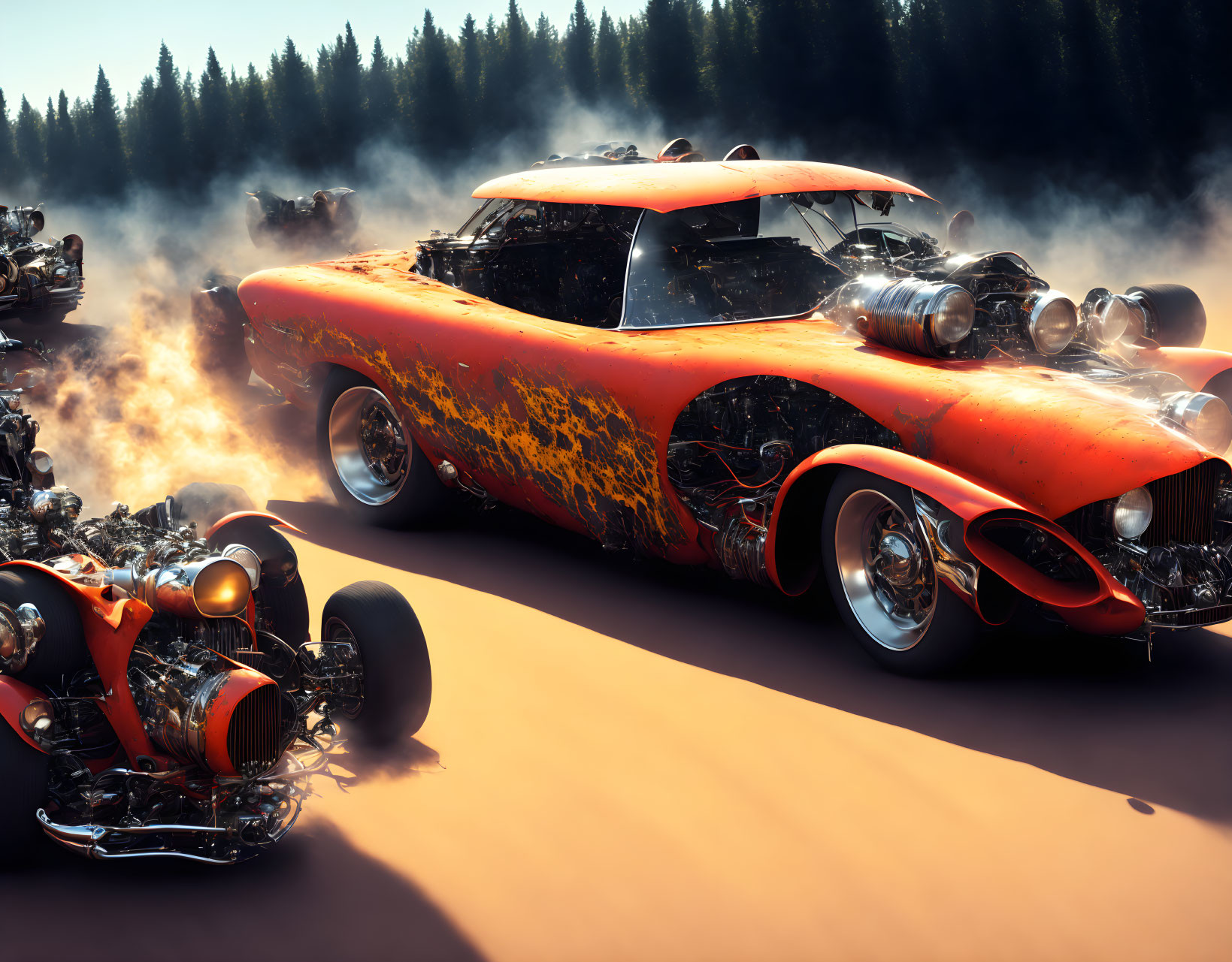 Stylized orange classic car with hot rod features driving aggressively in sandy terrain.