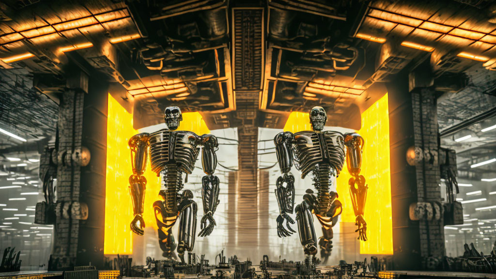 Industrial factory setting with large skeletal robotic figures and intricate machinery.