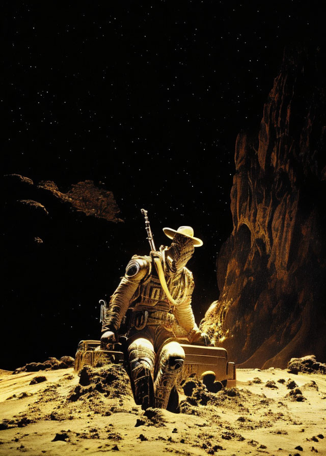 Astronaut in Spacesuit with Cowboy Hat and Rifle on Moon-like Surface