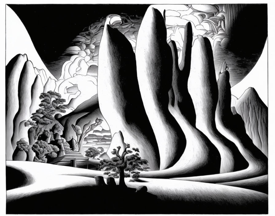 Monochrome surreal landscape with finger-like formations and distorted trees