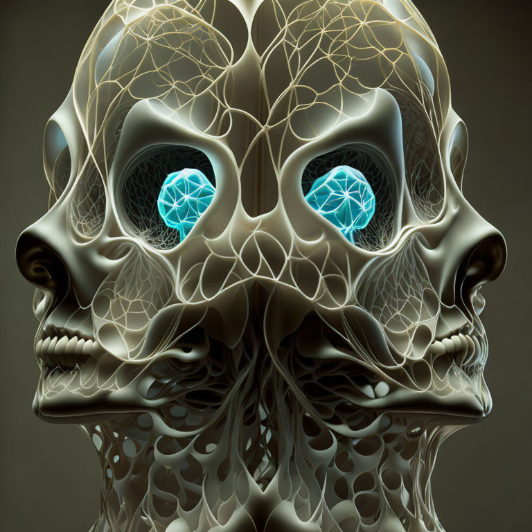 Intricate mesh patterns on humanoid head with glowing blue eyes