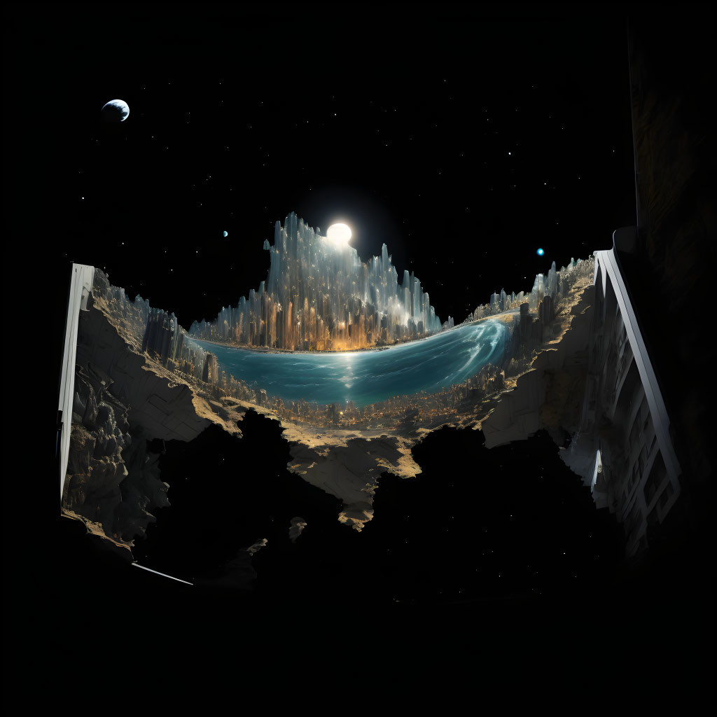 Fantastical cityscape in crater with starry sky & planets, futuristic doors