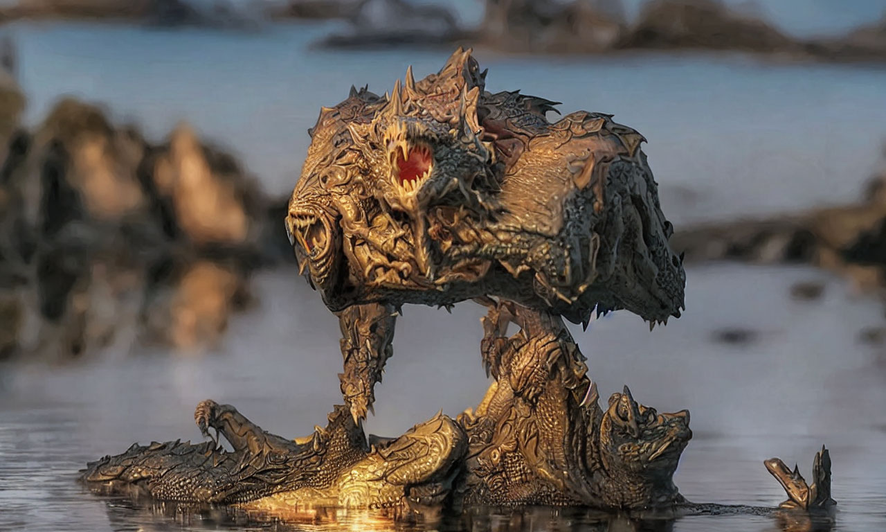 Detailed Dragon Sculpture Emerges from Water