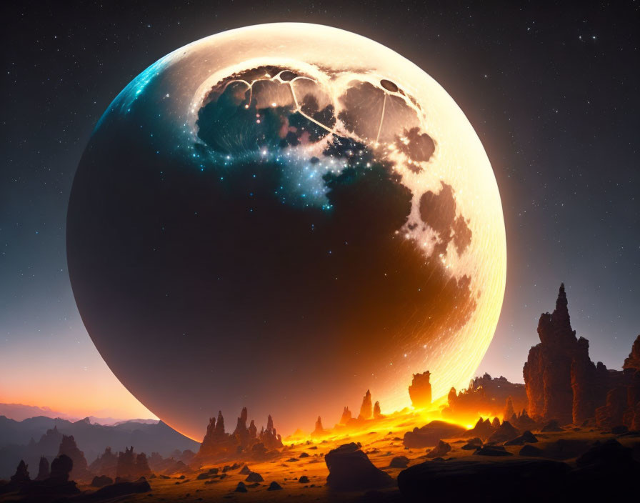 Celestial body over rocky alien landscape with glowing orange hues