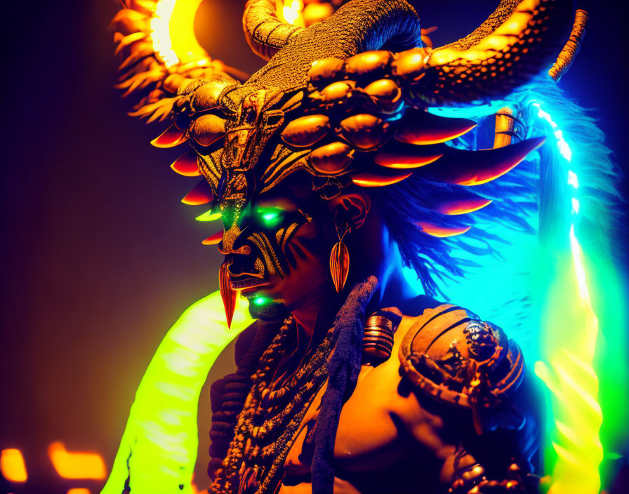 Person in ornate tribal costume with horned headdress and neon lighting, intricate face paint and fierce