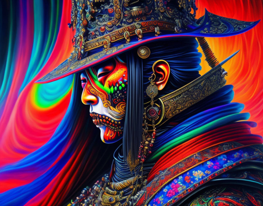 Colorful Figure in Ornate Armor on Swirling Background