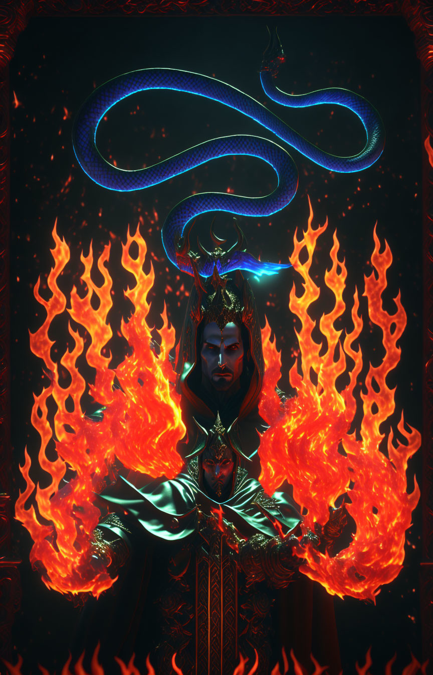 Mystical figure with glowing eyes surrounded by fiery magic and serpentine blue symbol