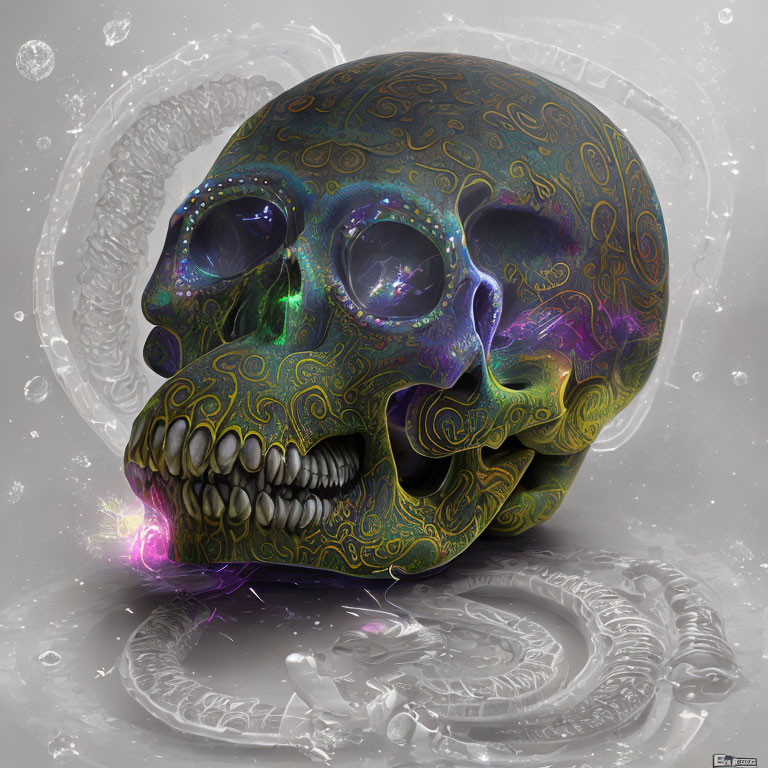 Digitally created ornate skull with cosmic color palette and ghostly white shapes