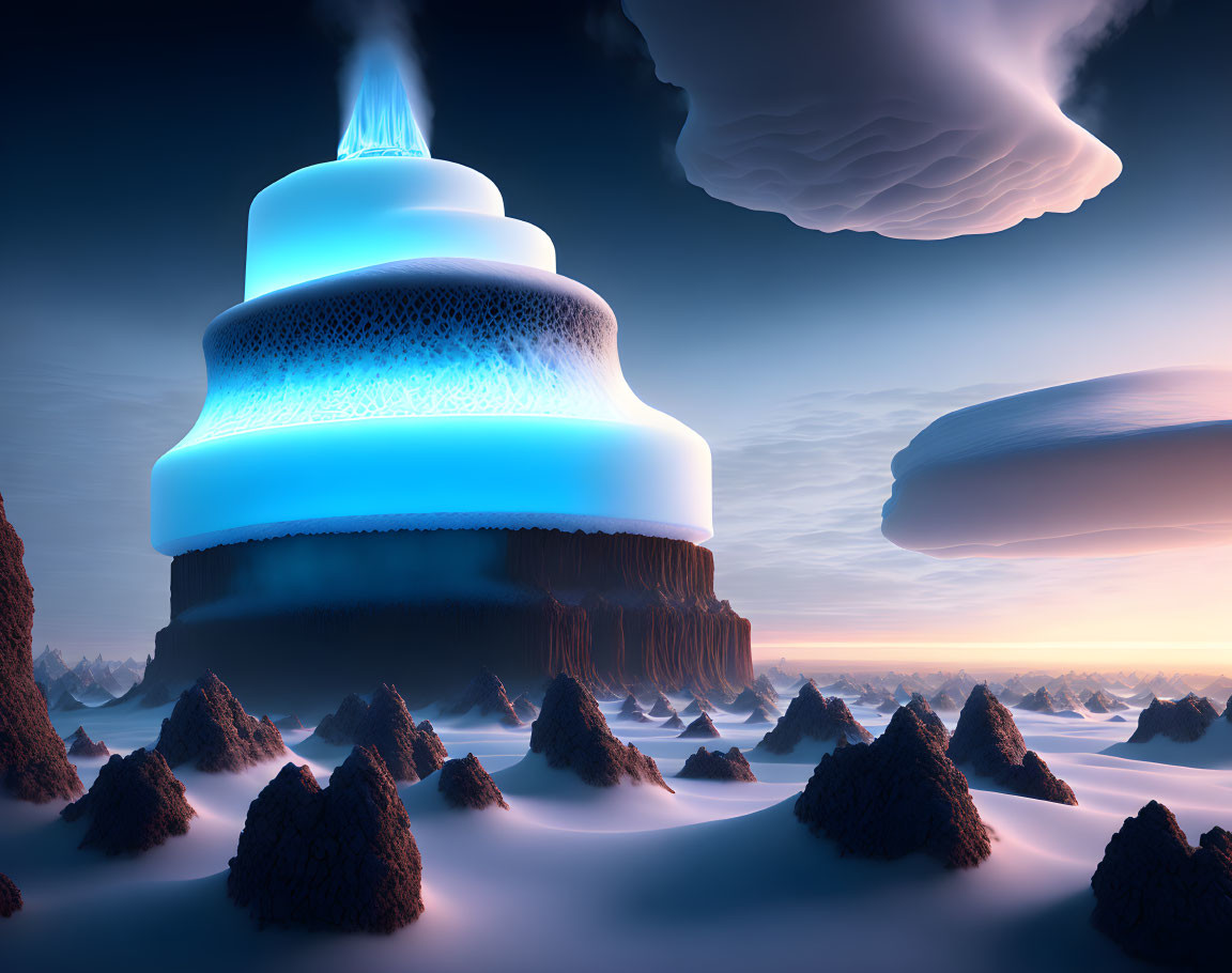 Surreal landscape with glowing cake-like structure on rock formations