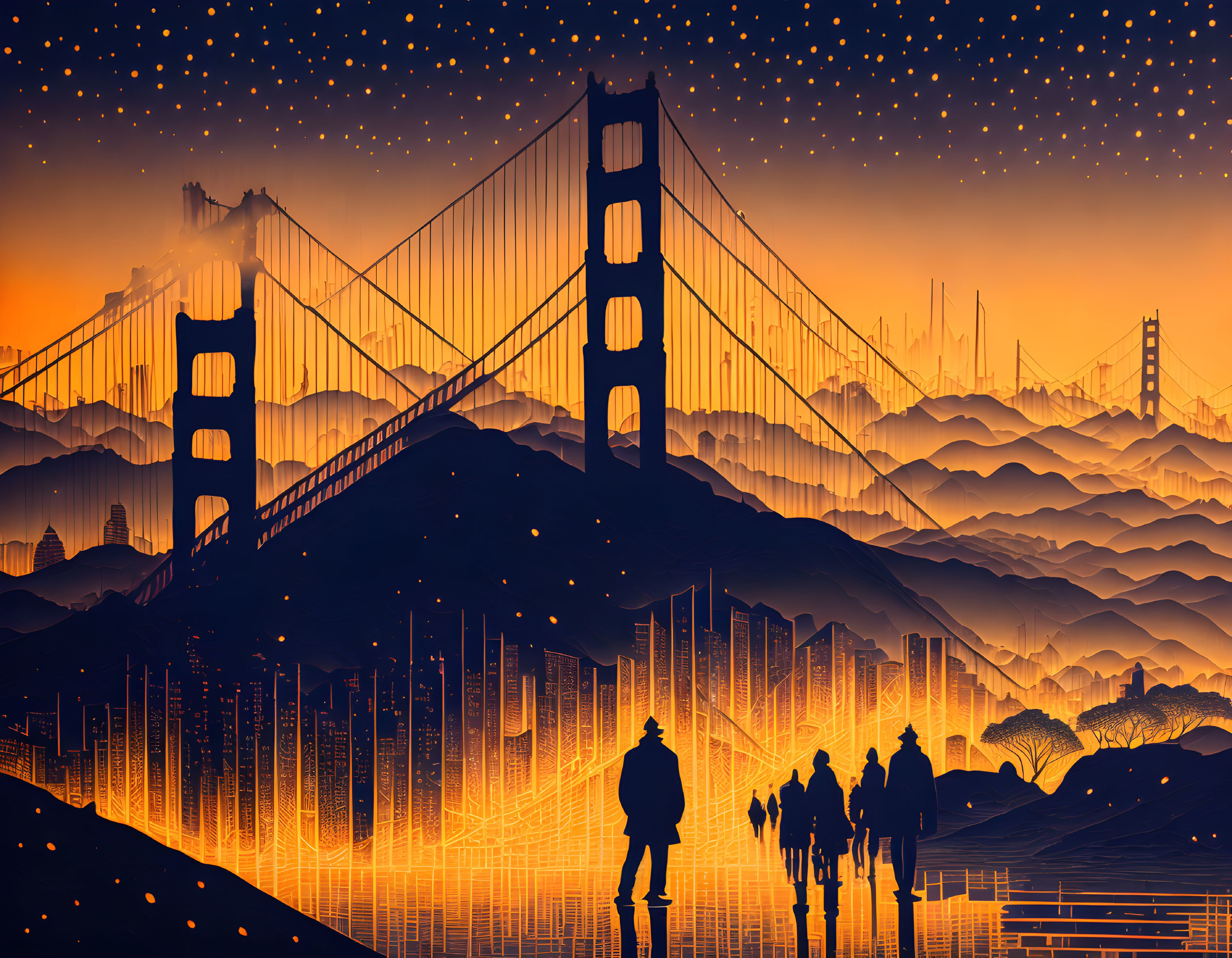 Stylized Golden Gate Bridge with silhouetted figures against starry sky